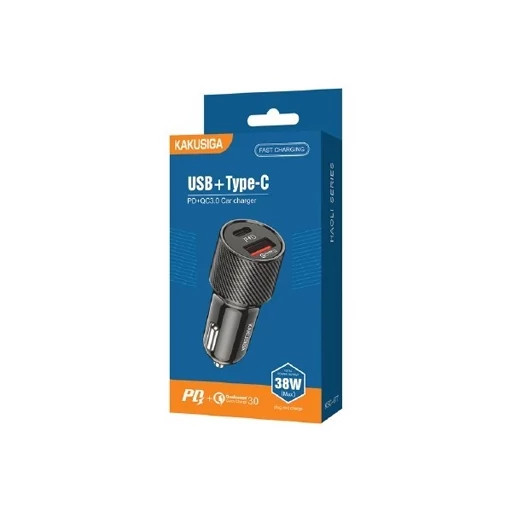 شارژر فندکی دو پورت کاکوسیگا مدل KSC-6ت۷ با درگاههای USB-A و USB-C برای شارژ سریع در خودرو.