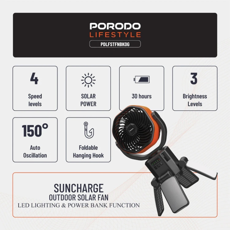خرید پنکه خورشیدی فضای باز Porodo Lifestyle Suncharge با بهترین قیمت در اکسسوری استور