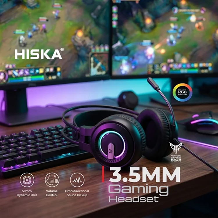 تصویر هدست گیمینگ هیسکا مدل GHR-09 با نورپردازی RGB و میکروفون خارجی، مناسب برای خرید با بهترین قیمت از اکسسوری استور.