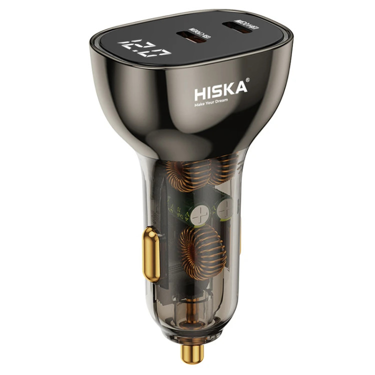 تصویر شارژر فندکی ۹۵ وات هیسکا مدل HCC-326 با نمایشگر دیجیتال و دو پورت USB و Type-C، مناسب برای خرید با بهترین قیمت از اکسسوری استور.