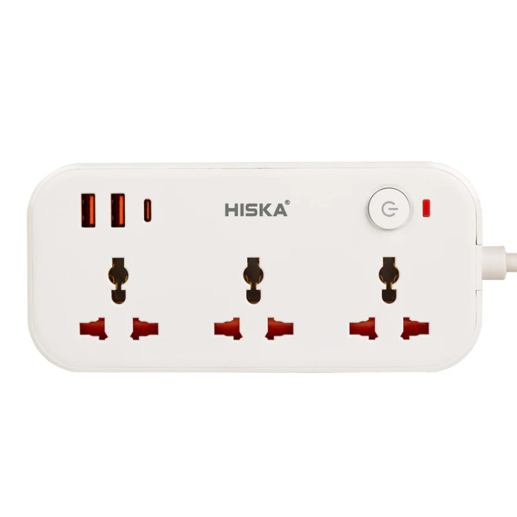 تصویر چندراهی برق یونیورسال هیسکا مدل CH-5511 با ۳ پریز AC و ۳ پورت USB شامل Type-C با PD، مناسب برای خرید با بهترین قیمت از اکسسوری استور.