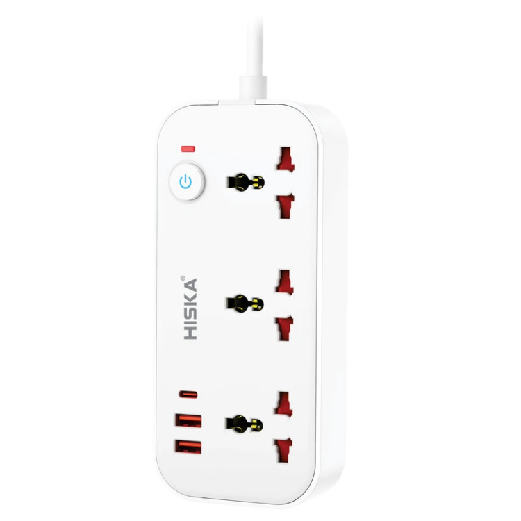 تصویر چندراهی برق یونیورسال هیسکا مدل CH-5511 با ۳ پریز AC و ۳ پورت USB شامل Type-C با PD، مناسب برای خرید با بهترین قیمت از اکسسوری استور.
