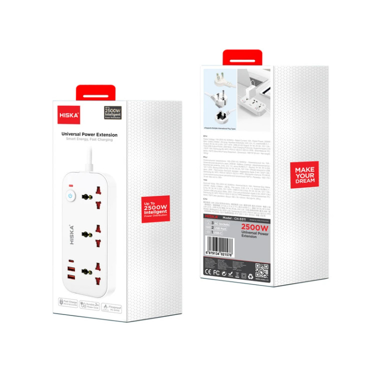 تصویر چندراهی برق یونیورسال هیسکا مدل CH-5511 با ۳ پریز AC و ۳ پورت USB شامل Type-C با PD، مناسب برای خرید با بهترین قیمت از اکسسوری استور.