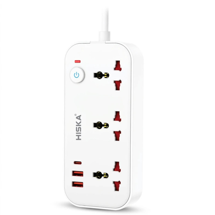 تصویر چندراهی برق یونیورسال هیسکا مدل CH-5511 با ۳ پریز AC و ۳ پورت USB شامل Type-C با PD، مناسب برای خرید با بهترین قیمت از اکسسوری استور.