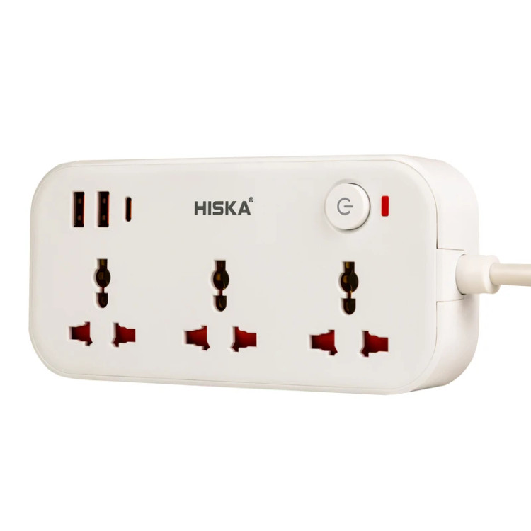 تصویر چندراهی برق یونیورسال هیسکا مدل CH-5511 با ۳ پریز AC و ۳ پورت USB شامل Type-C با PD، مناسب برای خرید با بهترین قیمت از اکسسوری استور.