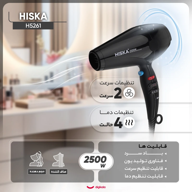 سشوار حرفه‌ای هیسکا مدل H5261 با موتور AC ۲۵۰۰ وات و فناوری یون - مناسب برای خرید با قیمت عالی از اکسسوری استور