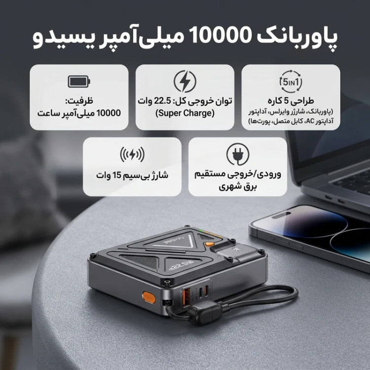 خرید پاوربانک یسیدو مدل YP89 با قابلیت شارژ بیسیم و خروجی چندگانه از اکسسوری استور